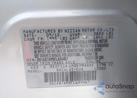 2015 Nissan Sentra Sv из США, поврежденный, VIN 3N1AB7AP0FL684467
